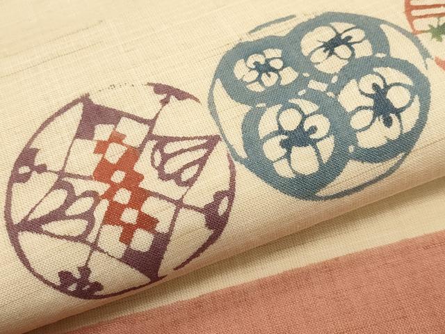平和屋着物＊夏物　九寸名古屋帯　型染め　花丸文　麻　逸品　CABH6389tx