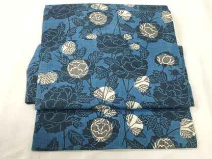 平和屋着物●つけ帯　紬地　藍　型染　草花文　正絹　逸品　CABH6437dy