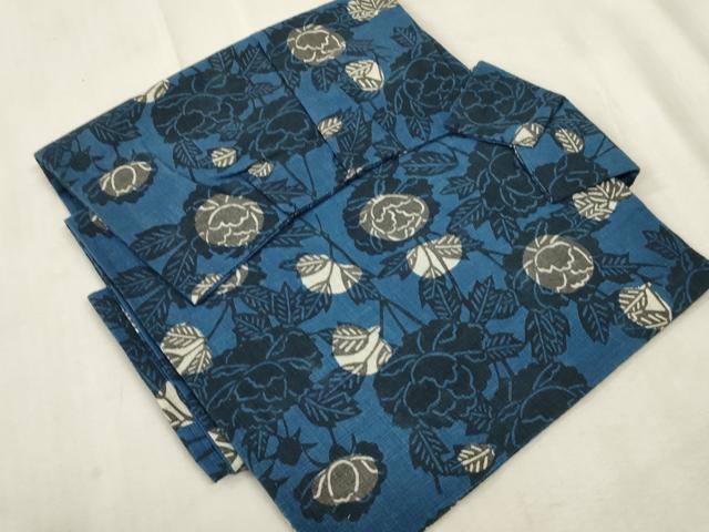 平和屋着物●つけ帯　紬地　藍　型染　草花文　正絹　逸品　CABH6437dy