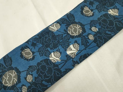 平和屋着物●つけ帯　紬地　藍　型染　草花文　正絹　逸品　CABH6437dy