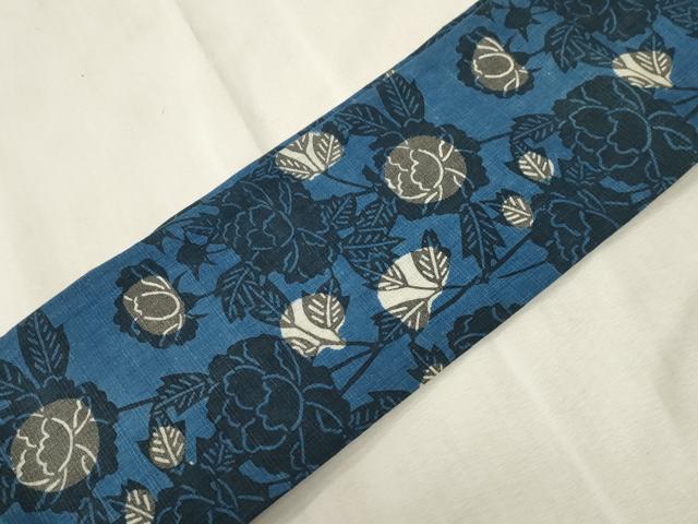 平和屋着物●つけ帯　紬地　藍　型染　草花文　正絹　逸品　CABH6437dy