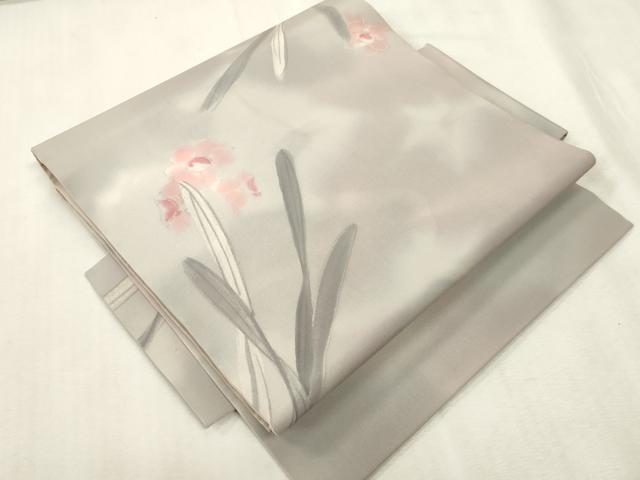 平和屋着物●塩瀬　つけ帯　手描き　ろうけつ染め　草花文　正絹　逸品　CABH6438dy