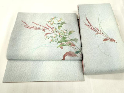 平和屋着物●つけ帯　手描き　和紙　草花文　正絹　逸品　CABH6440dy