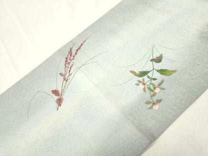 平和屋着物●つけ帯　手描き　和紙　草花文　正絹　逸品　CABH6440dy