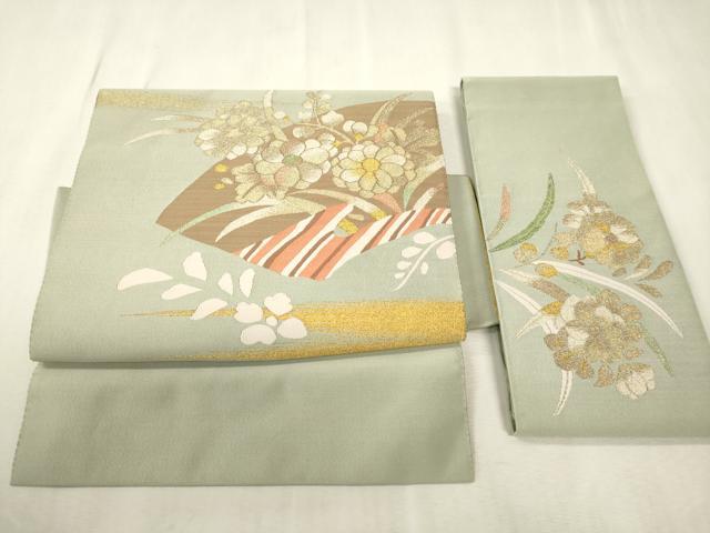 平和屋着物●爪掻き本綴れ　つけ帯　地紙草花文　金糸　正絹　逸品　CABH6451dy
