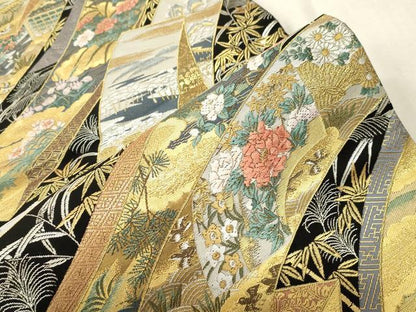 平和屋着物●六通柄袋帯　唐織　瑞華秀映紋　黒地　金銀糸　正絹　逸品　CABH6471dy