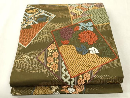 平和屋着物●六通柄袋帯　唐織　色紙重ね花文　金糸　正絹　逸品　CABH6475dy