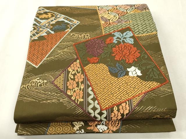 平和屋着物●六通柄袋帯　唐織　色紙重ね花文　金糸　正絹　逸品　CABH6475dy