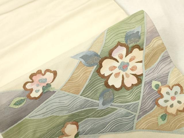 平和屋着物●太鼓柄袋帯　すくい織　切嵌草花文　正絹　逸品　CABH6477dy