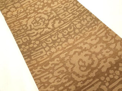 平和屋着物●西陣　宮階織物　両面　全通柄袋帯　紬地　柿しぶ染　幾何学花文　証紙付き　正絹　逸品　CABH6481dy