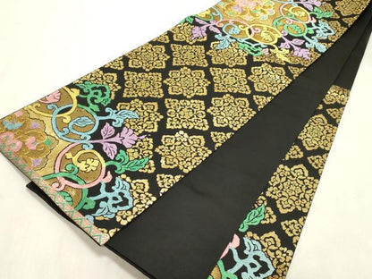 平和屋着物●京の名門　じゅらく謹製　六通柄袋帯　唐花宝相華文　黒地　金糸　正絹　逸品　CABH6487dy　