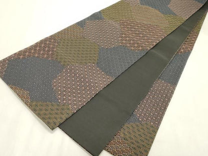 平和屋着物●全通柄袋帯　総刺繍　刺し子　吉祥文　黒地　正絹　逸品　CABH6489dy