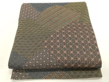 平和屋着物●全通柄袋帯　総刺繍　刺し子　吉祥文　黒地　正絹　逸品　CABH6489dy