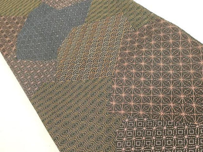 平和屋着物●全通柄袋帯　総刺繍　刺し子　吉祥文　黒地　正絹　逸品　CABH6489dy