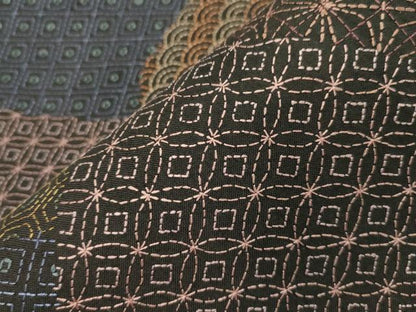 平和屋着物●全通柄袋帯　総刺繍　刺し子　吉祥文　黒地　正絹　逸品　CABH6489dy