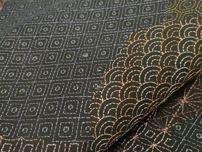 平和屋着物●全通柄袋帯　総刺繍　刺し子　吉祥文　黒地　正絹　逸品　CABH6489dy