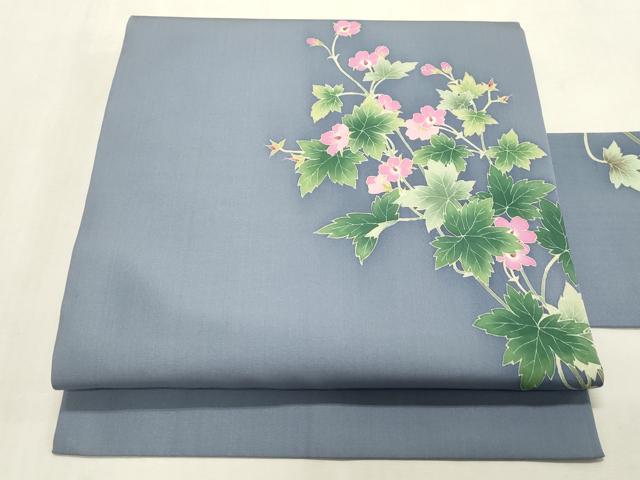 平和屋着物●塩瀬　九寸名古屋帯　友禅　作家物　草花文　正絹　逸品　CABH6507dy