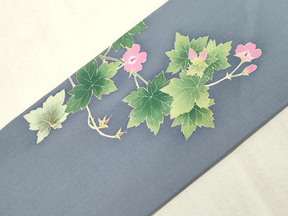 平和屋着物●塩瀬　九寸名古屋帯　友禅　作家物　草花文　正絹　逸品　CABH6507dy