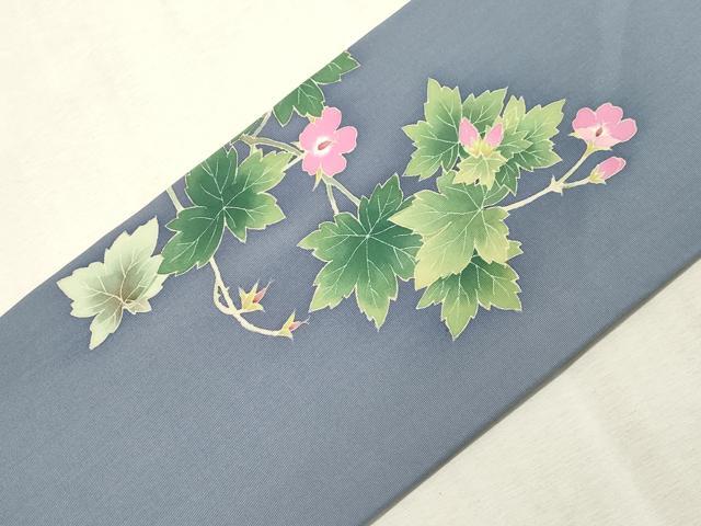 平和屋着物●塩瀬　九寸名古屋帯　友禅　作家物　草花文　正絹　逸品　CABH6507dy
