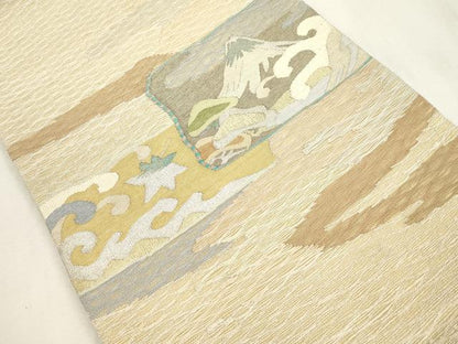 平和屋着物▽太鼓柄袋帯　スリーシーズン　春夏秋　すくい織　流水遠山文　金銀糸　正絹　逸品　CABH6618dy