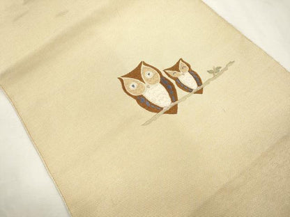平和屋着物●八寸名古屋帯　総刺繍　梟　金糸　正絹　逸品　CABH6633dy