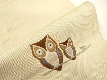 平和屋着物●八寸名古屋帯　総刺繍　梟　金糸　正絹　逸品　CABH6633dy
