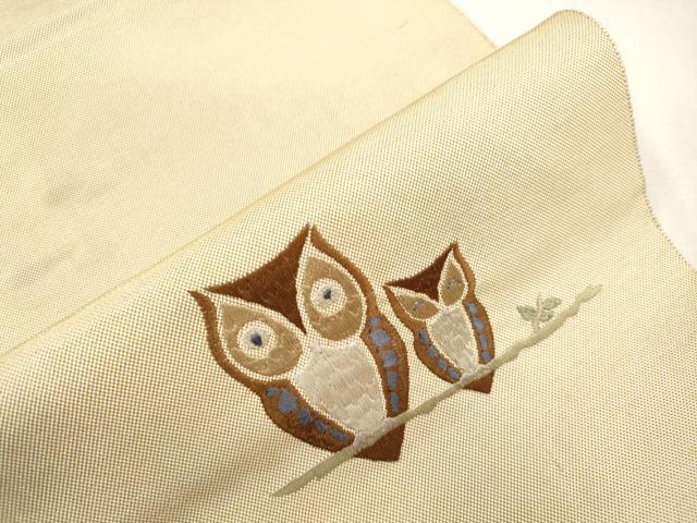 平和屋着物●八寸名古屋帯　総刺繍　梟　金糸　正絹　逸品　CABH6633dy