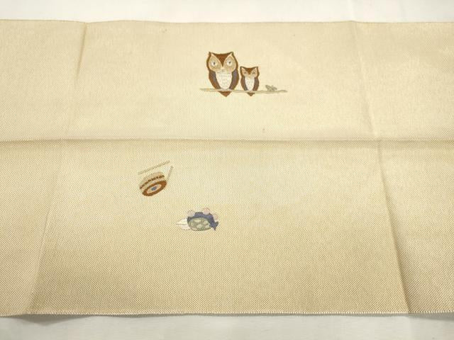 平和屋着物●八寸名古屋帯　総刺繍　梟　金糸　正絹　逸品　CABH6633dy