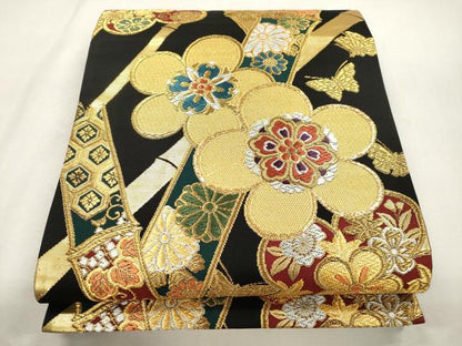 平和屋着物●六通柄袋帯　花蝶文　黒地　金糸　三越扱い　正絹　逸品　CABH6655dy