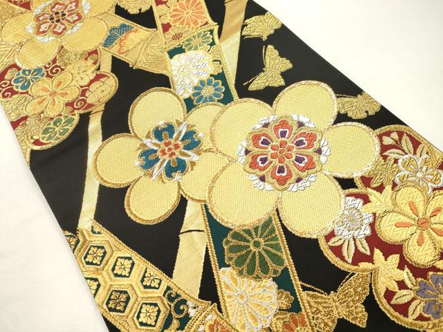 平和屋着物●六通柄袋帯　花蝶文　黒地　金糸　三越扱い　正絹　逸品　CABH6655dy