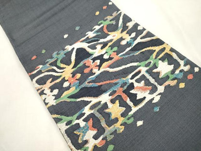 平和屋着物●太鼓柄袋帯　紬地　草花文　金糸　正絹　逸品　CABH6659dy