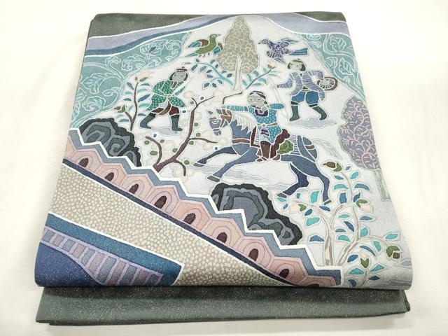 平和屋着物●太鼓柄袋帯　人物文　銀通し地　正絹　逸品　CABH6660dy