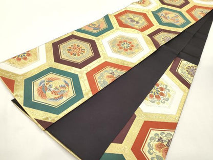 平和屋着物●六通柄袋帯　亀甲鳳凰花文　金糸　正絹　逸品　CABH6673dy