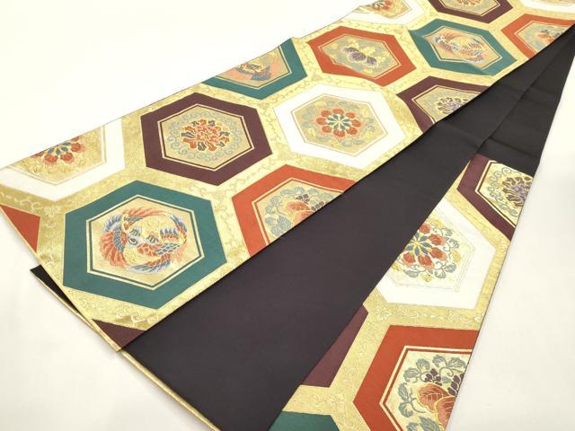 平和屋着物●六通柄袋帯　亀甲鳳凰花文　金糸　正絹　逸品　CABH6673dy