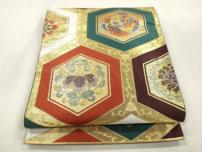 平和屋着物●六通柄袋帯　亀甲鳳凰花文　金糸　正絹　逸品　CABH6673dy