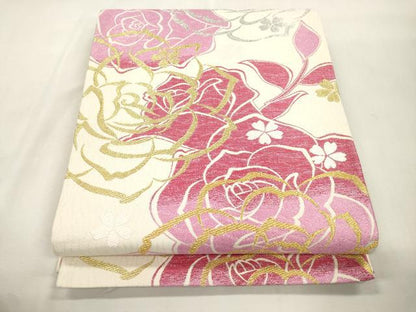 平和屋着物●六通柄袋帯　薔薇　金銀糸　正絹　逸品　CABH6676dy