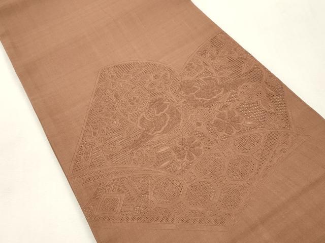 平和屋着物●中国三大刺繍　スワトウ刺繍　相良刺繍　総刺繍　太鼓柄袋帯　紬地　冊子花鳥文　焦香色　正絹　逸品　CABH6683dy