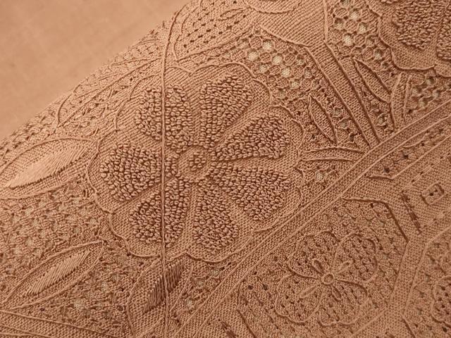 平和屋着物●中国三大刺繍　スワトウ刺繍　相良刺繍　総刺繍　太鼓柄袋帯　紬地　冊子花鳥文　焦香色　正絹　逸品　CABH6683dy