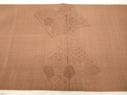 平和屋着物●中国三大刺繍　スワトウ刺繍　相良刺繍　総刺繍　太鼓柄袋帯　紬地　冊子花鳥文　焦香色　正絹　逸品　CABH6683dy