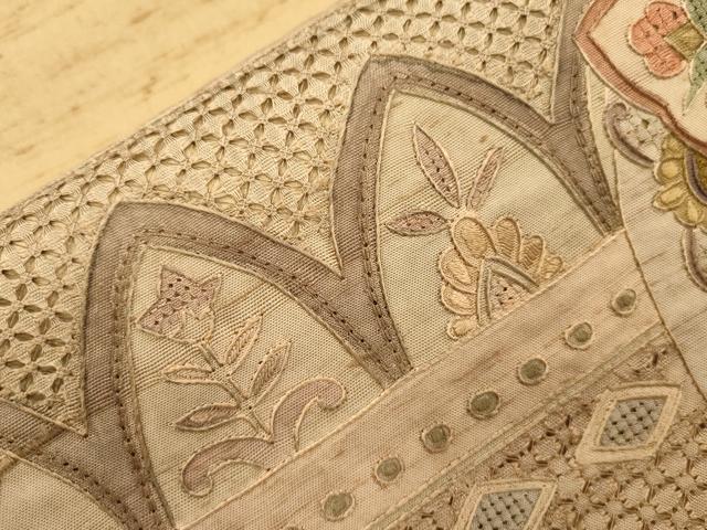 平和屋着物●中国三大刺繍　スワトウ刺繍　総刺繍　太鼓柄袋帯　紬地　更紗幾何学花文　正絹　逸品　CABH6687dy