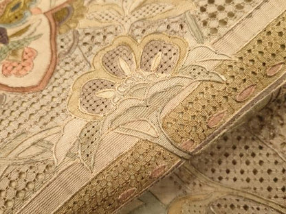 平和屋着物●中国三大刺繍　スワトウ刺繍　総刺繍　太鼓柄袋帯　紬地　更紗幾何学花文　正絹　逸品　CABH6687dy
