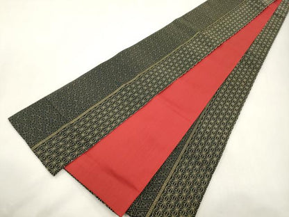 平和屋着物●半幅帯　麻の葉文　黒地　金糸　正絹　逸品　CABH6696dy