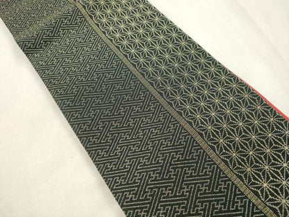 平和屋着物●半幅帯　麻の葉文　黒地　金糸　正絹　逸品　CABH6696dy