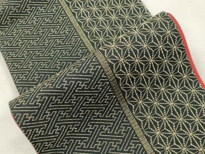 平和屋着物●半幅帯　麻の葉文　黒地　金糸　正絹　逸品　CABH6696dy