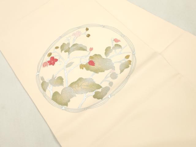 平和屋着物●塩瀬　九寸名古屋帯　駒刺繍　草花文　銀彩　正絹　逸品　CABH6717dy