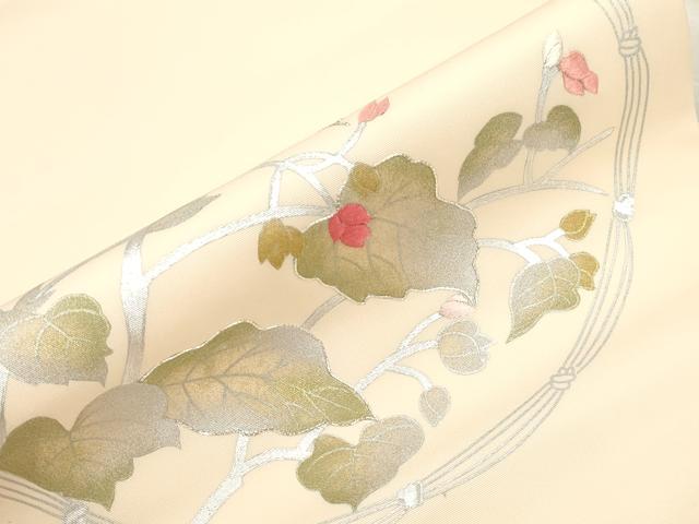 平和屋着物●塩瀬　九寸名古屋帯　駒刺繍　草花文　銀彩　正絹　逸品　CABH6717dy