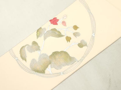 平和屋着物●塩瀬　九寸名古屋帯　駒刺繍　草花文　銀彩　正絹　逸品　CABH6717dy