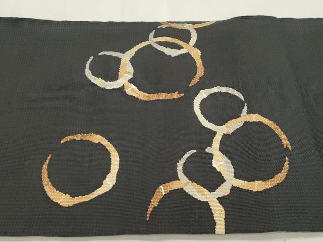 平和屋着物●綴れ　八寸名古屋帯　作家物　丸文　黒地　金糸　正絹　逸品　CABH6726dy