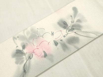 平和屋着物●染色作家　斉藤三才　九寸名古屋帯　草花文　銀糸　正絹　逸品　CABH6728dy
