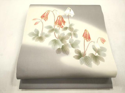 平和屋着物●塩瀬　九寸開き名古屋帯　手描き　刺繍　草花文　金彩　逸品　CABH6731dy